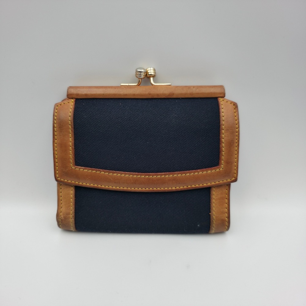 Vintage Dooney & Bourke Navy Canvas Tan Leather Kiss Lock Trifold Wallet